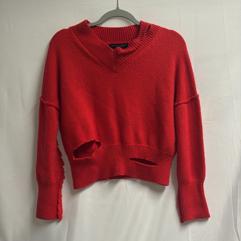 Central Park West Slashed Crop Fringe Sweater Red Size XS New With Tags